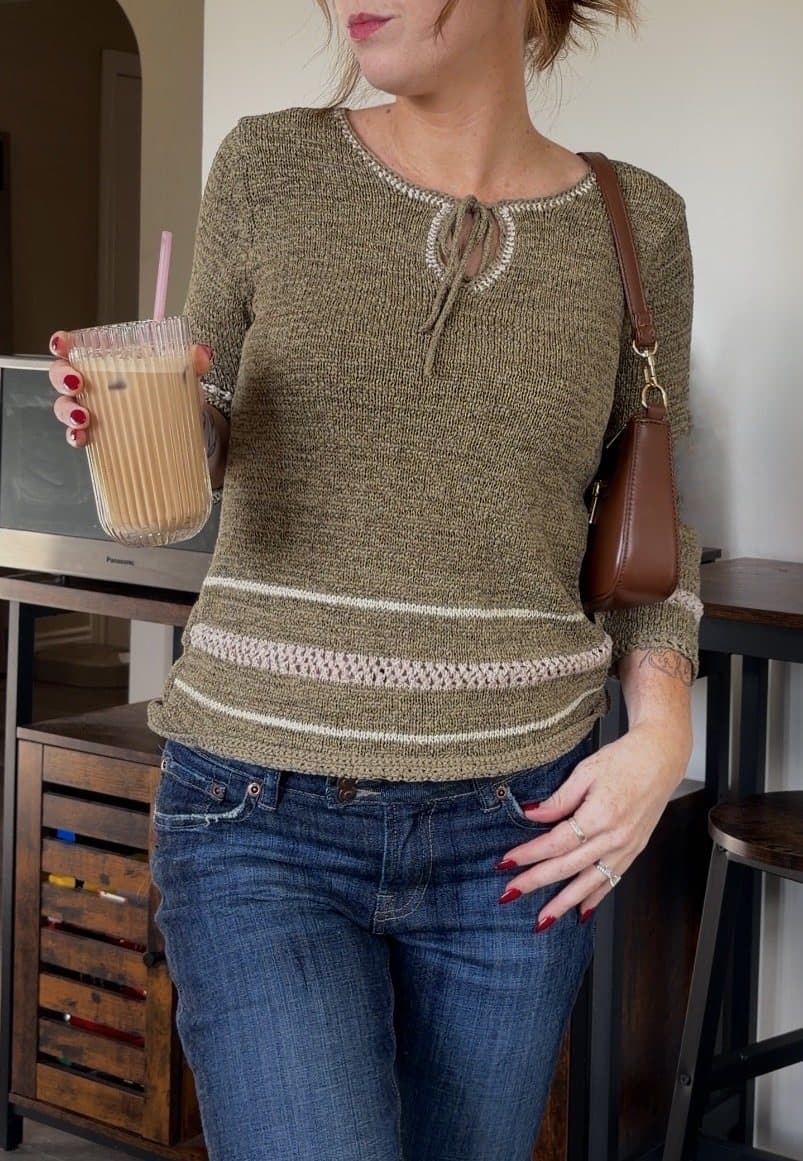 Olive knit tie-neck top